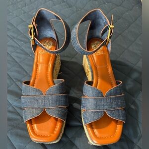 Vince Camuto Denim Blue and Tan Wedge Shoes